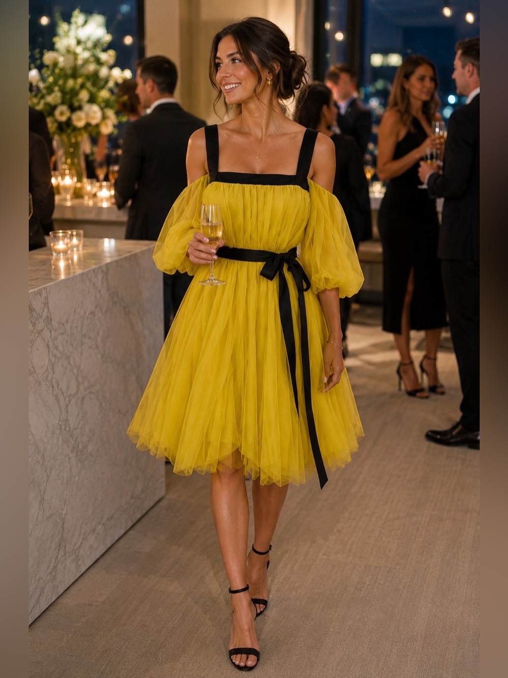 Pinko Yellow Tulle Off-Shoulder Mini Dress with Black Accents - 4